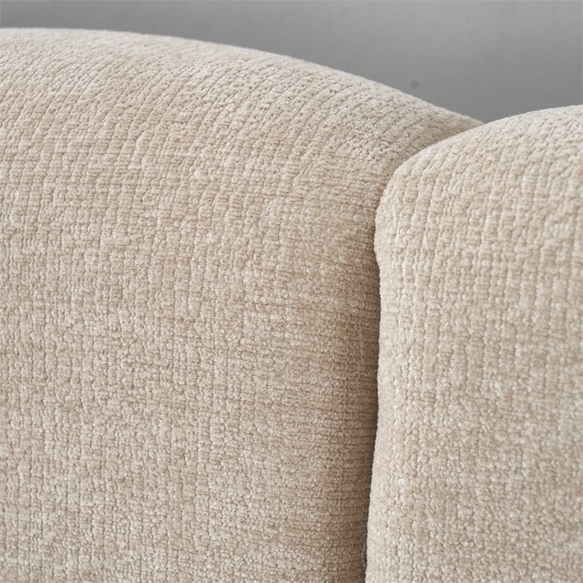 Close-up of the Oscar Bedframe’s beige, textured fabric upholstery highlights its curved backrest and softly cushioned surface. The woven appearance enhances comfort and elegance for this contemporary upholstered bed.