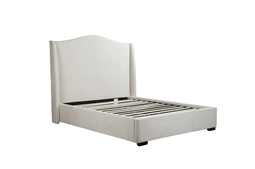 The Venice Bedframe is a modern luxury bed with a tall, curved headboard and cream upholstery, featuring wooden slats for mattress support. Displayed on a white background.