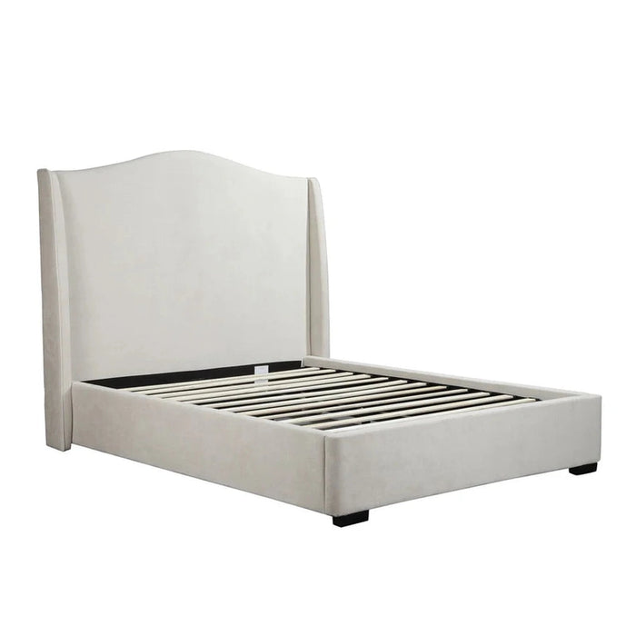 The Venice Bedframe is a modern luxury bed with a tall, curved headboard and cream upholstery, featuring wooden slats for mattress support. Displayed on a white background.