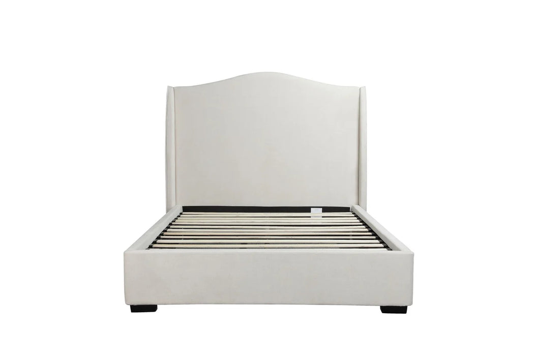 The Venice Bedframe, a modern luxury bed with a tall, curved headboard and wooden slats, is upholstered in cream fabric and shown from the front against a plain white background.
