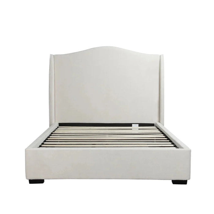 The Venice Bedframe, a modern luxury bed with a tall, curved headboard and wooden slats, is upholstered in cream fabric and shown from the front against a plain white background.