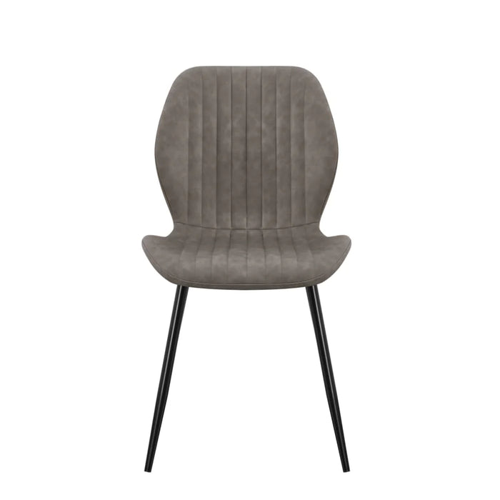 The Lyra Dining Chair features a gray, vertically-stitched upholstered seat and backrest, slim black metal legs, and a gently curved back for ergonomic support—a modern addition to any dining space.