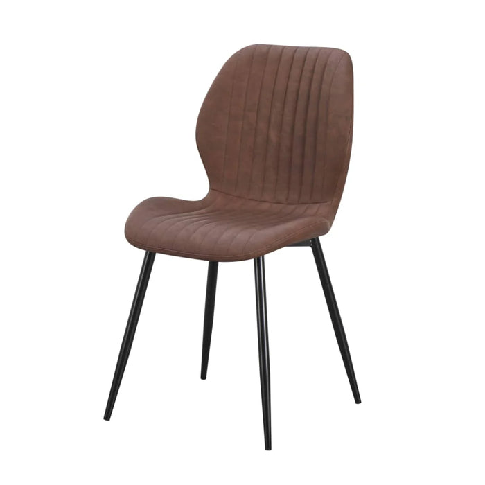 The Lyra Dining Chair features a modern faux leather design with a brown ribbed upholstered seat and backrest, supported by four slender black metal legs.