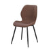 The Lyra Dining Chair features a modern faux leather design with a brown ribbed upholstered seat and backrest, supported by four slender black metal legs.