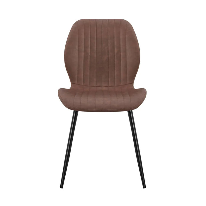 The Lyra Dining Chair features a modern design with a curved brown faux leather seat, vertical stitching, and four sleek black metal legs, displayed against a white background.