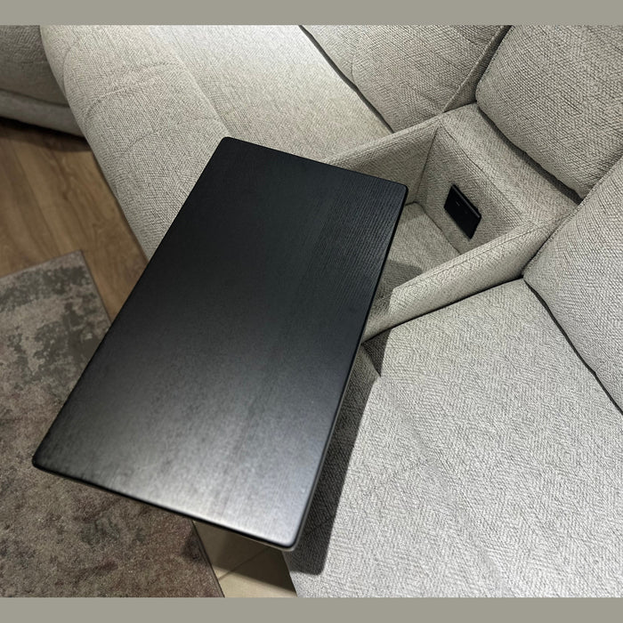 A close-up of the Avery Electric Recliner Corner in light gray, showcasing its modern design with a built-in side table attachment, an open storage compartment, and a convenient electrical outlet.