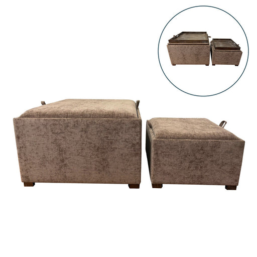 The Maya tray table pouffes in Cappucino come as a set of 2, including one large and one small square ottoman with soft chenille upholstery and removable wood trays with side handles for versatile use.