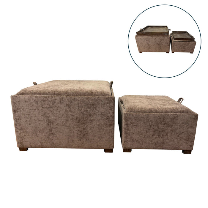 The Maya tray table pouffes in Cappucino come as a set of 2, including one large and one small square ottoman with soft chenille upholstery and removable wood trays with side handles for versatile use.