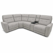 The Avery Electric Recliner Corner is a light gray L-shaped sectional sofa designed for modern living rooms, featuring tufted cushions, wide armrests, and a built-in black center console. Upholstered in stylish fabric, this electric recliner comfortably seats five people and offers both style and comfort.