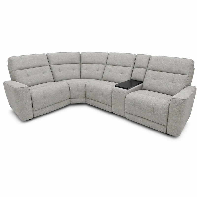 The Avery Electric Recliner Corner is a light gray L-shaped sectional sofa designed for modern living rooms, featuring tufted cushions, wide armrests, and a built-in black center console. Upholstered in stylish fabric, this electric recliner comfortably seats five people and offers both style and comfort.
