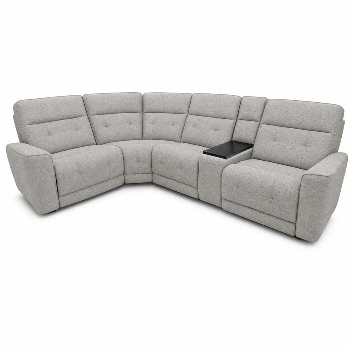 The Avery Electric Recliner Corner is a light gray L-shaped sectional sofa designed for modern living rooms, featuring tufted cushions, wide armrests, and a built-in black center console. Upholstered in stylish fabric, this electric recliner comfortably seats five people and offers both style and comfort.