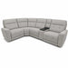 The Avery Electric Recliner Corner is a light gray L-shaped sectional sofa designed for modern living rooms, featuring tufted cushions, wide armrests, and a built-in black center console. Upholstered in stylish fabric, this electric recliner comfortably seats five people and offers both style and comfort.
