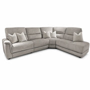 The Lucas Corner Sofa showcases a modern L-shaped sectional design in light gray, with cushioned seats and backs for comfort. It comes with five matching throw pillows in coordinating light tones, washable fabric upholstery, and slightly angled armrests that enhance both style and relaxation.