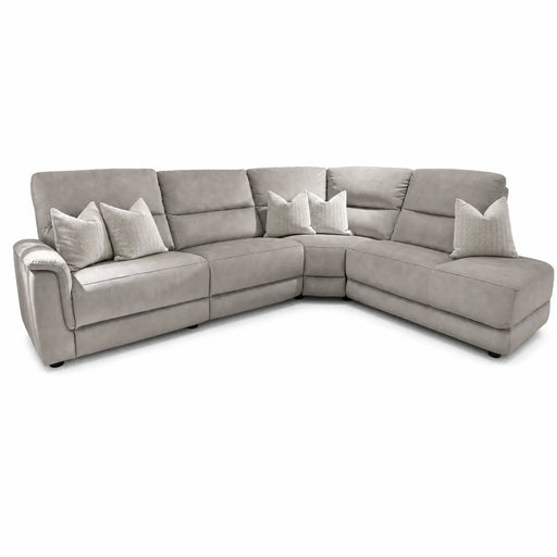 The Lucas Corner Sofa showcases a modern L-shaped sectional design in light gray, with cushioned seats and backs for comfort. It comes with five matching throw pillows in coordinating light tones, washable fabric upholstery, and slightly angled armrests that enhance both style and relaxation.