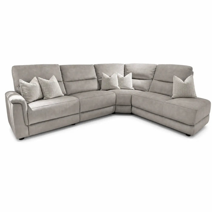 The Lucas Corner Sofa showcases a modern L-shaped sectional design in light gray, with cushioned seats and backs for comfort. It comes with five matching throw pillows in coordinating light tones, washable fabric upholstery, and slightly angled armrests that enhance both style and relaxation.