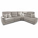 The Lucas Corner Sofa showcases a modern L-shaped sectional design in light gray, with cushioned seats and backs for comfort. It comes with five matching throw pillows in coordinating light tones, washable fabric upholstery, and slightly angled armrests that enhance both style and relaxation.