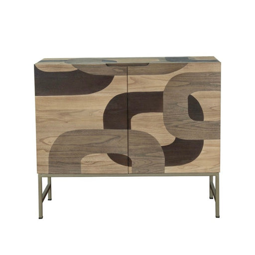 The Mosaic 2 Door Sideboard is crafted from natural wood, featuring abstract, curved patterns in both light and dark wood tones. This wooden cabinet stands on slim metal legs and is showcased against a white background.