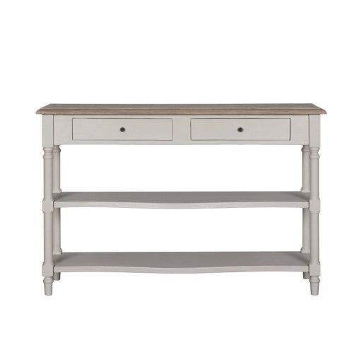 The Lyon Console Table, featuring a white farmhouse design with a natural wood top, two front drawers, and two lower open shelves, is shown against a plain white background.