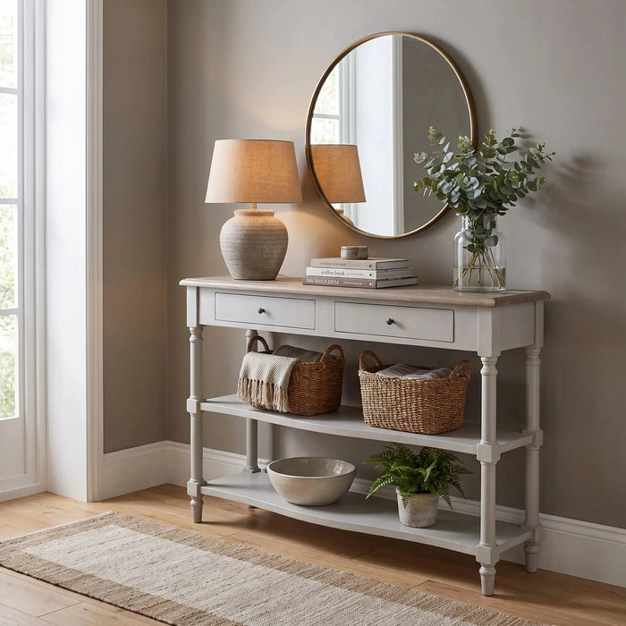 A light gray Lyon Console Table is styled with a lamp, books, a vase, and a round mirror hanging above. On the lower shelves, two baskets, a bowl, and a potted plant are displayed. Sunlight streams in through a window on the left.