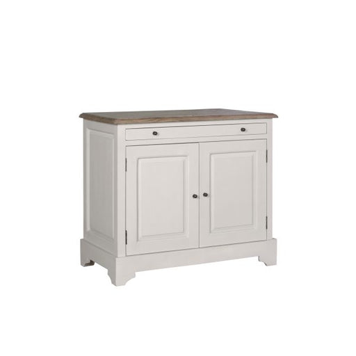 The Lyon 2 Door Sideboard features a white wooden finish with a natural wood top, one shallow drawer, and two cabinet doors with round knobs, all supported by block legs. This farmhouse-style piece provides practical storage and brings timeless charm to your home.