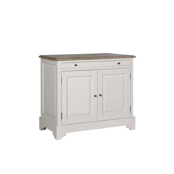 The Lyon 2 Door Sideboard features a white wooden finish with a natural wood top, one shallow drawer, and two cabinet doors with round knobs, all supported by block legs. This farmhouse-style piece provides practical storage and brings timeless charm to your home.