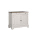 The Lyon 2 Door Sideboard features a white wooden finish with a natural wood top, one shallow drawer, and two cabinet doors with round knobs, all supported by block legs. This farmhouse-style piece provides practical storage and brings timeless charm to your home.
