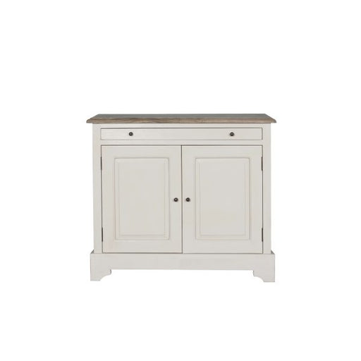 The Lyon 2 Door Sideboard features a simple, classic design in white wood with two doors, a single drawer above, and a brown wood top. Round door knobs complete its farmhouse look, making it an ideal addition to any home.