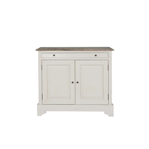 The Lyon 2 Door Sideboard features a simple, classic design in white wood with two doors, a single drawer above, and a brown wood top. Round door knobs complete its farmhouse look, making it an ideal addition to any home.