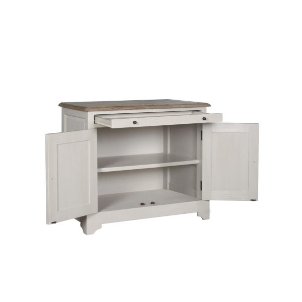 The Lyon 2 Door Sideboard features a white wooden frame with a brown top, one open drawer, and two open doors showcasing an interior shelf—perfect for adding elegant farmhouse charm to any space.