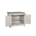 The Lyon 2 Door Sideboard features a white wooden frame with a brown top, one open drawer, and two open doors showcasing an interior shelf—perfect for adding elegant farmhouse charm to any space.