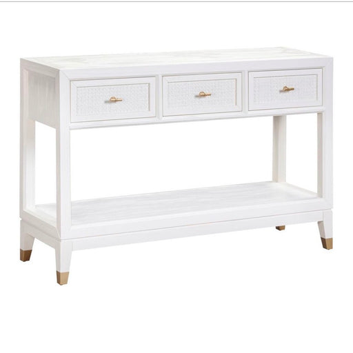 The Bali 3 Drawer Console is a white wooden console table featuring three drawers with gold handles, an open lower shelf, and tapered legs with gold accents—effortlessly bringing coastal-inspired style to your living space.