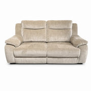 The Lorenzo Electric Recliner is a modern two-seater sofa with wide armrests and cushioned backs, upholstered in taupe washable fabric, shown from the front against a white background.