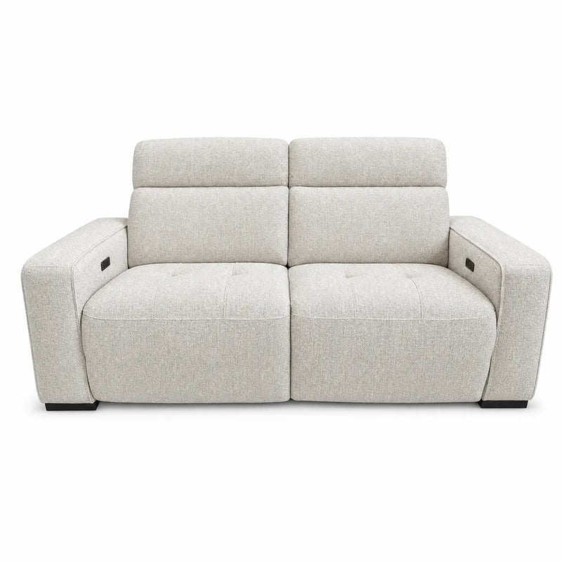 The Lennox Electric Recliner Sofa, featuring a modern light gray fabric design with wide armrests and two reclining seats, is displayed from the front against a white background.