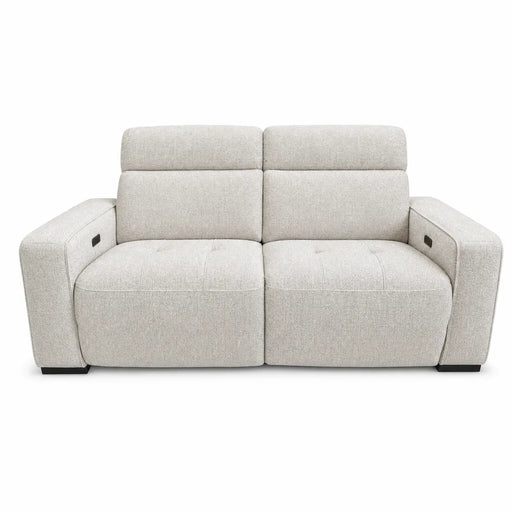 The Lennox Electric Recliner Sofa, featuring a modern light gray fabric design with wide armrests and two reclining seats, is displayed from the front against a white background.