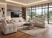Modern living room featuring the Lennox Electric Recliner Sofa, a round coffee table, neutral rug, wooden floors, large TV, shelves, and floor-to-ceiling windows with views of the garden and city skyline. Warm lighting enhances the cozy atmosphere.