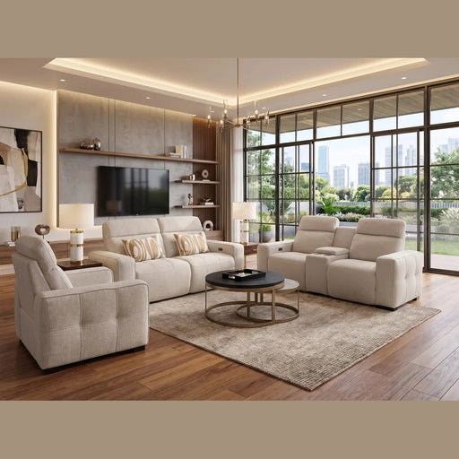 Modern living room featuring the Lennox Electric Recliner Sofa, a round coffee table, neutral rug, wooden floors, large TV, shelves, and floor-to-ceiling windows with views of the garden and city skyline. Warm lighting enhances the cozy atmosphere.