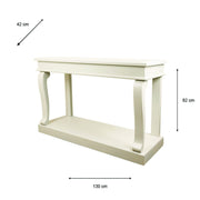 Scroll Ivory Console Table featuring elegant curved scroll legs, a lower shelf, and measuring 130 cm wide, 42 cm deep, and 82 cm high, displayed against a white background.