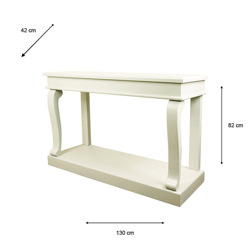Scroll Ivory Console Table featuring elegant curved scroll legs, a lower shelf, and measuring 130 cm wide, 42 cm deep, and 82 cm high, displayed against a white background.