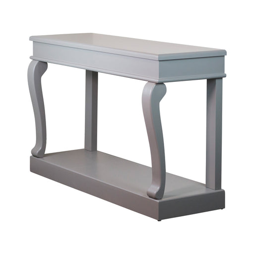 The Scroll Mink 130cm Console Table features a sleek, modern design with curved legs and a lower shelf, finished in a sophisticated gray mink tone and displayed against a white background.