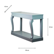 Scroll Mink Console Table with white and gray finish, featuring elegant curved legs and detailed scrollwork. Shown from a side angle, this stylish entryway table measures 42 cm deep, 82 cm tall, and 130 cm wide. Its mink finish and refined design make it a perfect addition to any entryway.