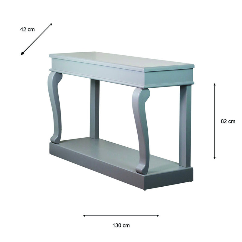 Scroll Mink Console Table with white and gray finish, featuring elegant curved legs and detailed scrollwork. Shown from a side angle, this stylish entryway table measures 42 cm deep, 82 cm tall, and 130 cm wide. Its mink finish and refined design make it a perfect addition to any entryway.