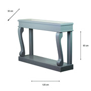 Scroll Mink Antique Mirror Console featuring a gray rectangular design with decorative curved legs on a solid base. Dimensions: 30 cm deep, 120 cm wide, and 85 cm high.