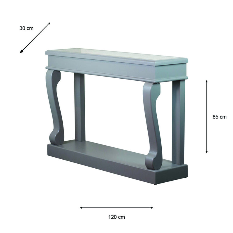 Scroll Mink Antique Mirror Console featuring a gray rectangular design with decorative curved legs on a solid base. Dimensions: 30 cm deep, 120 cm wide, and 85 cm high.