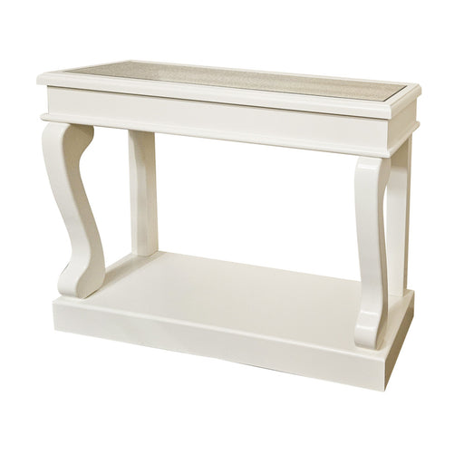 Scroll Ivory Antique Mirror 120cm Console featuring a white wooden vintage design, lower shelf, gracefully curved side legs, and a flat top surface, photographed against a plain white background.