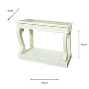 Scroll Ivory Antique Mirror Console featuring elegantly curved legs and a bottom shelf for stylish storage. Dimensions: 120 cm wide, 30 cm deep, and 85 cm high.