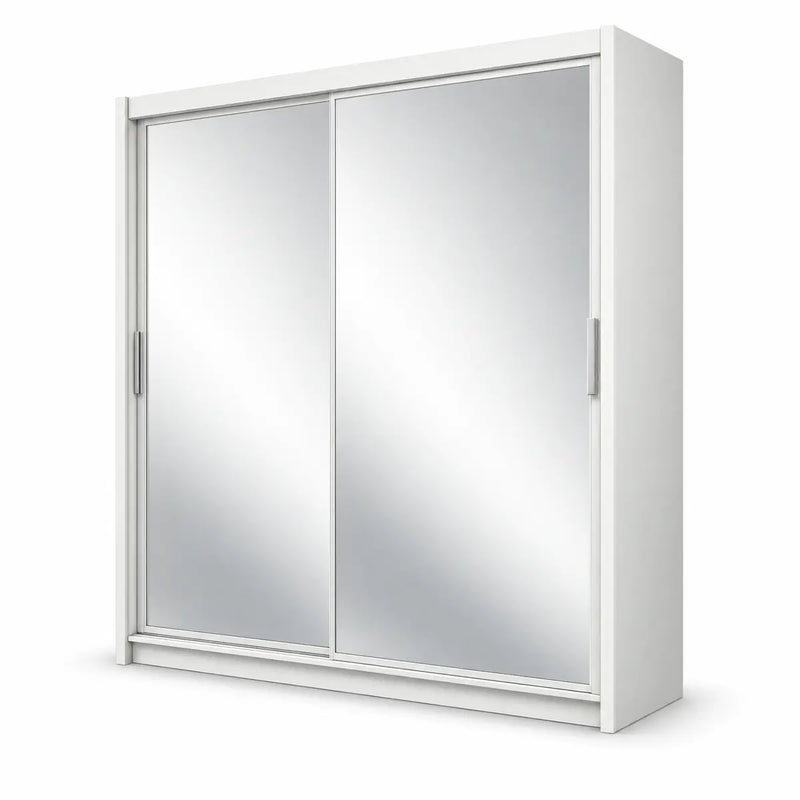 The Paris sliderobe is a white wardrobe featuring two spacious sliding mirrored doors with minimalist handles on each side. Crafted in a sleek white oak finish, the Paris sliderobe stands alone against a crisp white background.