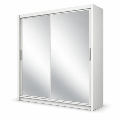 The Paris sliderobe is a white wardrobe featuring two spacious sliding mirrored doors with minimalist handles on each side. Crafted in a sleek white oak finish, the Paris sliderobe stands alone against a crisp white background.