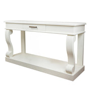 Introducing the Scroll 150cm Ivory Console—a sophisticated entryway table showcasing an elegant ivory finish, a single central drawer with a stylish metallic handle, beautifully curved scroll-inspired side legs, and a spacious lower shelf for added storage.