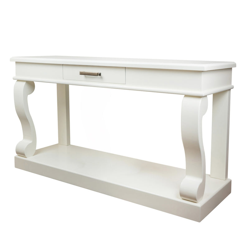 Introducing the Scroll 150cm Ivory Console—a sophisticated entryway table showcasing an elegant ivory finish, a single central drawer with a stylish metallic handle, beautifully curved scroll-inspired side legs, and a spacious lower shelf for added storage.