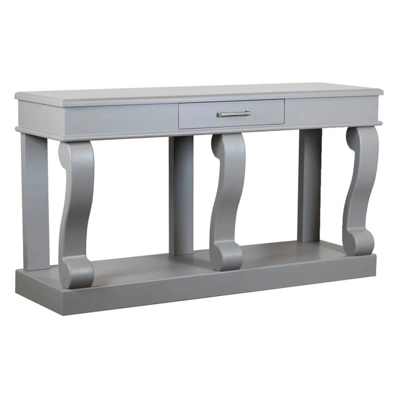 Introducing the Scroll 150cm Mink Console—a modern gray console table with a sleek mink finish, featuring three gracefully curved legs, a flat top surface, a single centered drawer with a metal handle, and a flat bottom shelf. Perfect as stylish entryway furniture.